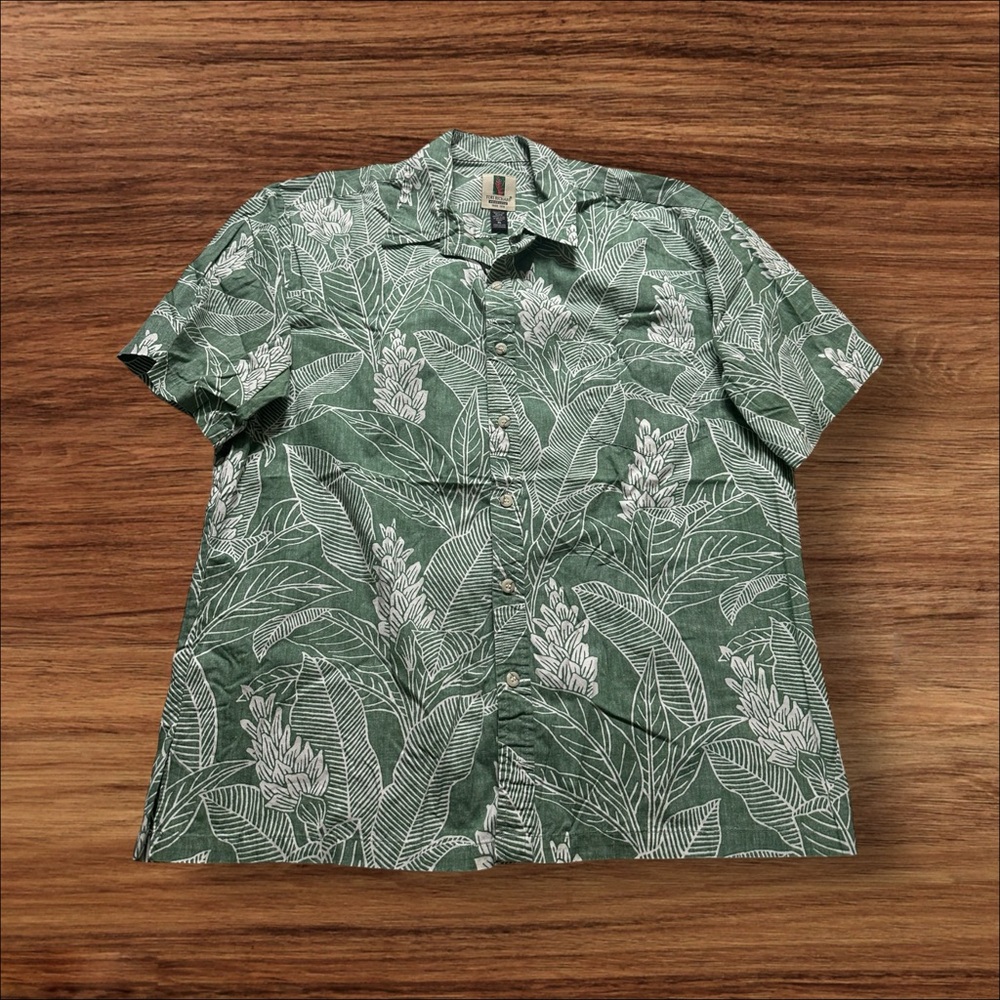 Tori Richard Shirt Men’s XL Green White Hawaiian Short Sleeve Made in USA